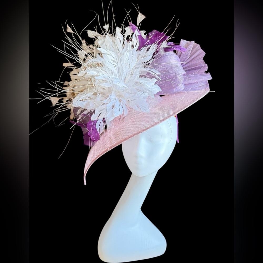 Fascinator with All the purples and some beautiful white feathers!  Easy to wear - Picture 5 of 6